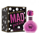A bottle of Katy Perry's Mad Potion perfume next to its packaging box, which is also decorated with a polka dot pattern and the Katy Perry branding.