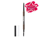 Maybelline Brow Ultra Slim Eyebrow Pencil in Deep Brown with a cap and spoolie brush, displayed alongside a clear container with a star award in the background.