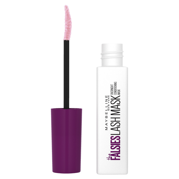 Maybelline Falsies Lash Overnight Conditioning Mask bottle and applicator wand, predominantly white bottle with purple applicator.