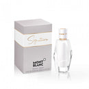 A product image featuring a transparent, opalescent glass perfume bottle with a gold cap, alongside its packaging box which reads 'Signature' and 'Mont Blanc'.