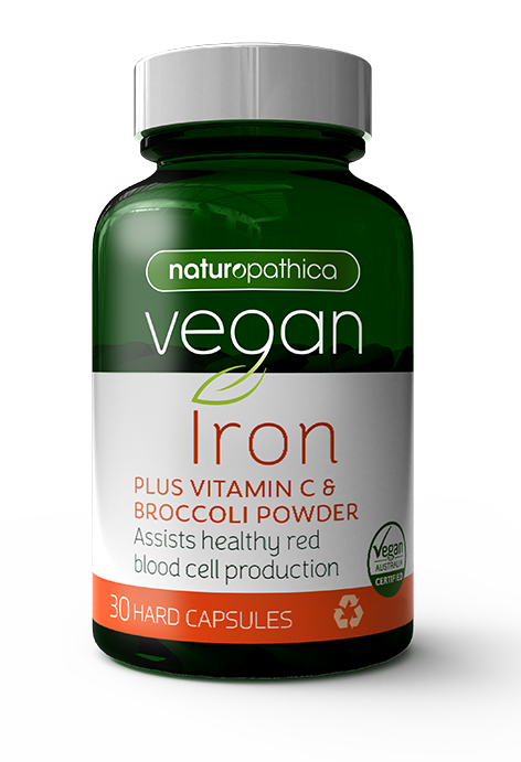 A green container of Naturopathica Vegan Iron Plus Vitamin C & Broccoli Powder with 30 hard capsules, labeled as vegan and gluten-free.