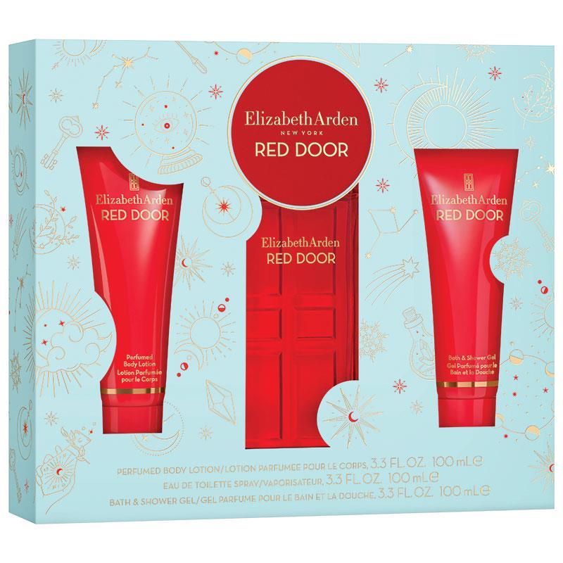 A gift set by Elizabeth Arden Red Door, containing three bottles of different products, presented in a box with a red door and decorative elements.