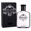 A bottle of Whisky Black Eau de Toilette 100ml with a purple label and a black cap, alongside its black packaging box with ornate designs.