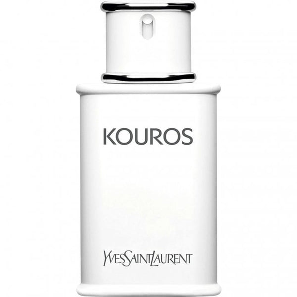 A white bottle of Yves Saint Laurent Kouros Eau de Toilette with a black cap and the brand's logo on the front.
