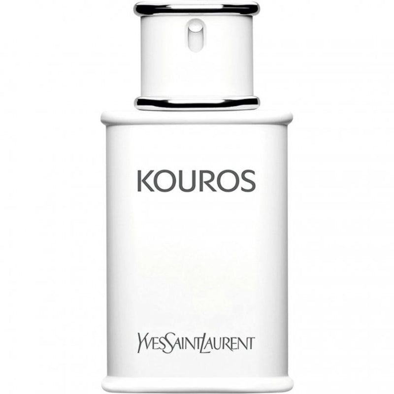 A white bottle of Yves Saint Laurent Kouros Eau de Toilette with a black cap and the brand's logo on the front.