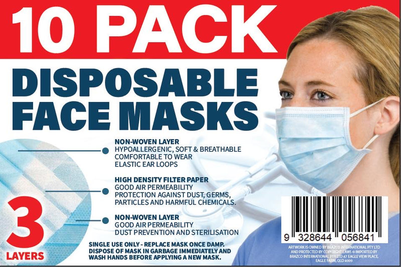 10 Pack Disposable Face Masks, 3 Layers
